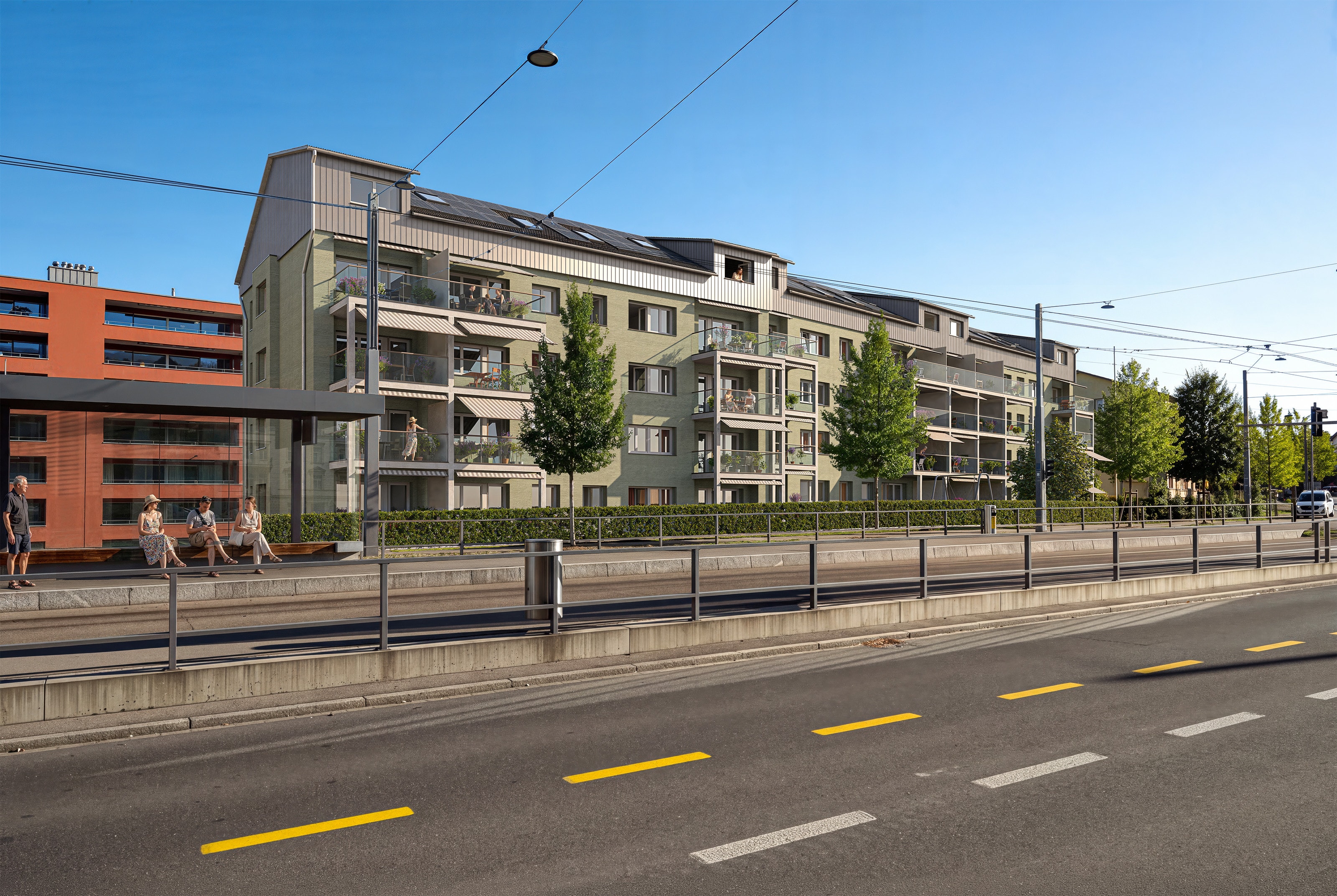 Badenerstrasse 52 bis 56 in Schlieren, Blick von der Haltestelle Kesslerplatz auf die sanierte Liegenschaft