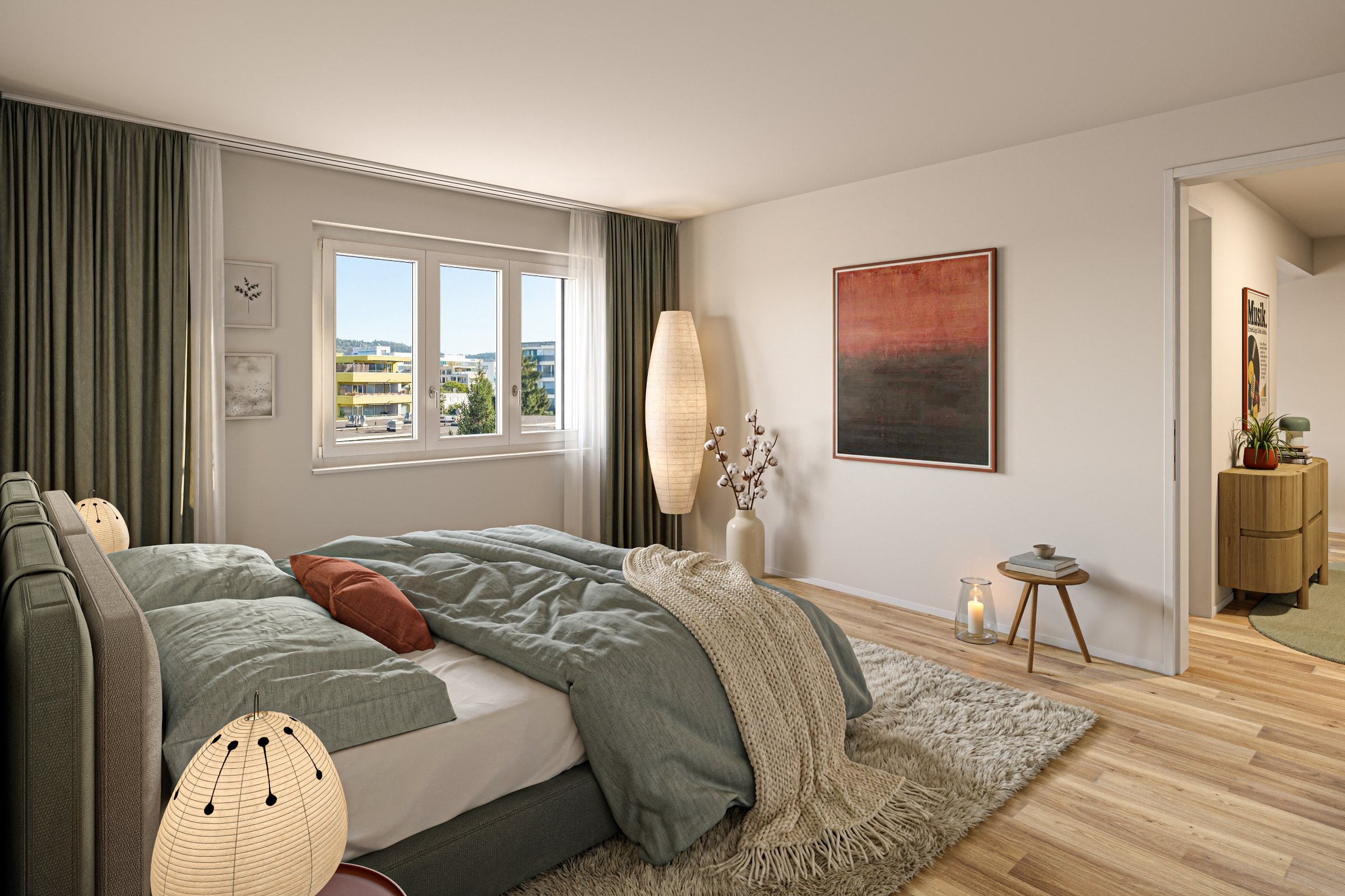 Schlafzimmer mit Bett und Fenster, warmes Nachmittagslicht